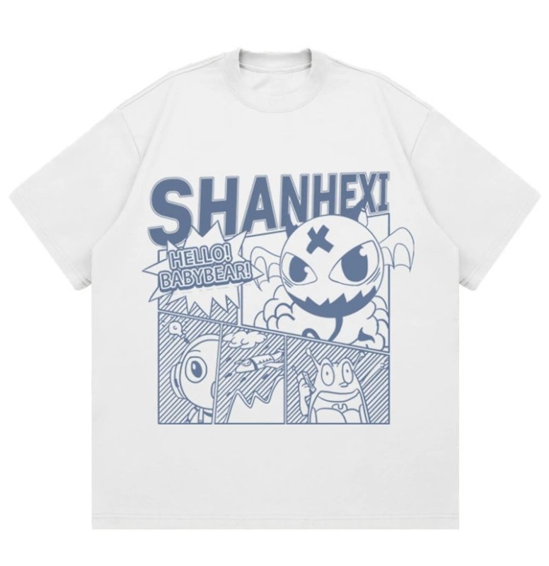 画像1: Letter logo & comic print hip hop Print short sleeve T-shirt 　 ユニセックス男女兼用レターロゴ＆コミックプリントヒップホッププリント  半袖Tシャツ プルオーバー (1)
