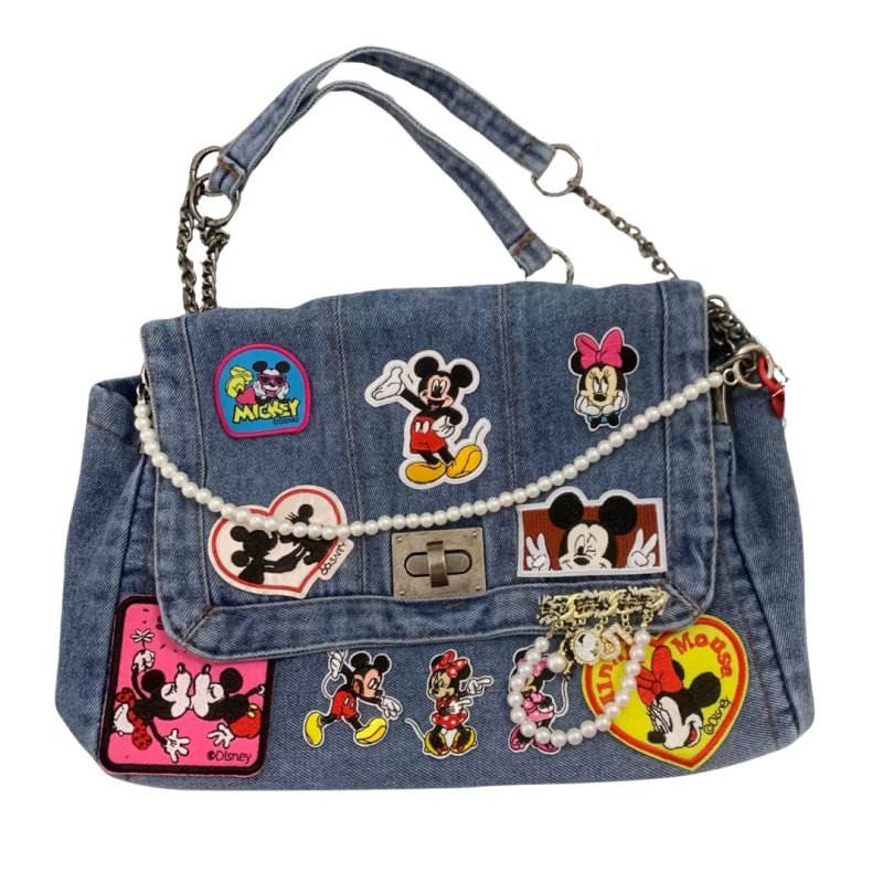 画像3: Unisex Mickey x DISNEY Mickey Minnie mouse Denim Remake Matelasse Double Chain Tote shoulder bag ミッキー & ミニー マトラッセ リメイク 古着風 デニム ダブルチェーン トートショルダーバッグ (3)