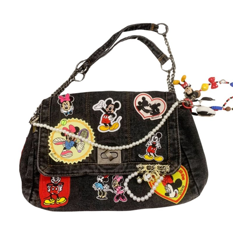 画像7: Unisex Mickey x DISNEY Mickey Minnie mouse Denim Remake Matelasse Double Chain Tote shoulder bag ミッキー & ミニー マトラッセ リメイク 古着風 デニム ダブルチェーン トートショルダーバッグ (7)