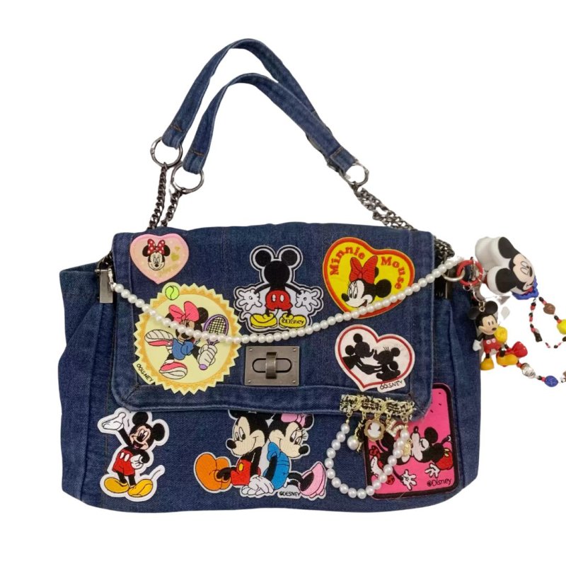 画像5: Unisex Mickey x DISNEY Mickey Minnie mouse Denim Remake Matelasse Double Chain Tote shoulder bag ミッキー & ミニー マトラッセ リメイク 古着風 デニム ダブルチェーン トートショルダーバッグ (5)