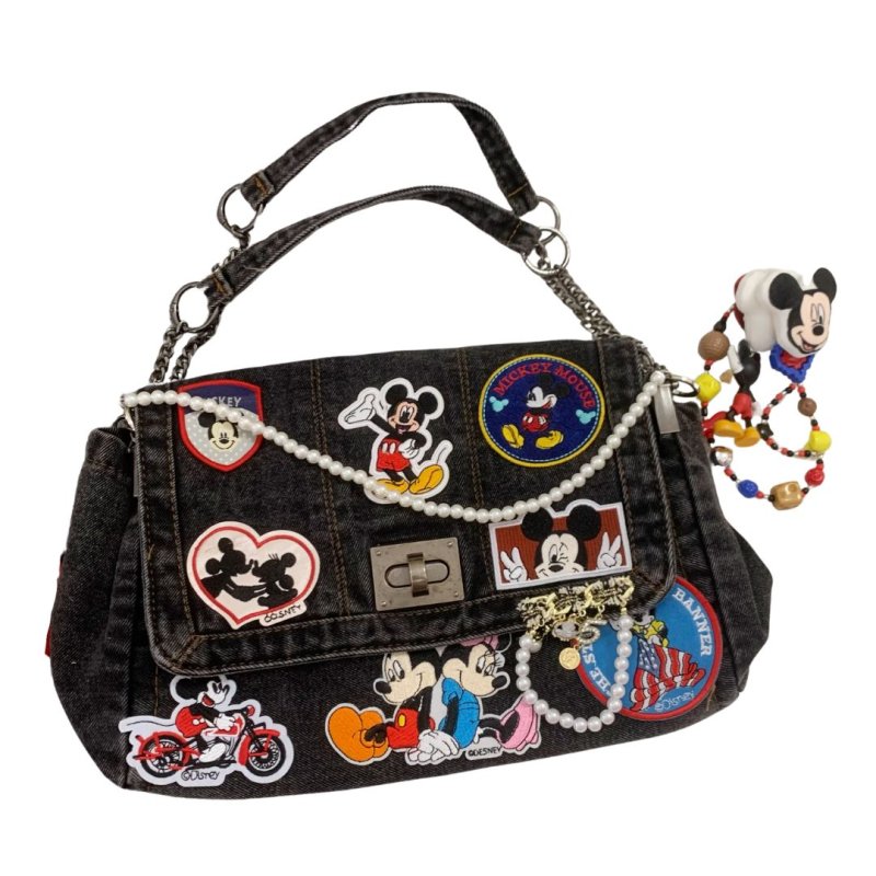 画像6: Unisex Mickey x DISNEY Mickey Minnie mouse Denim Remake Matelasse Double Chain Tote shoulder bag ミッキー & ミニー マトラッセ リメイク 古着風 デニム ダブルチェーン トートショルダーバッグ (6)
