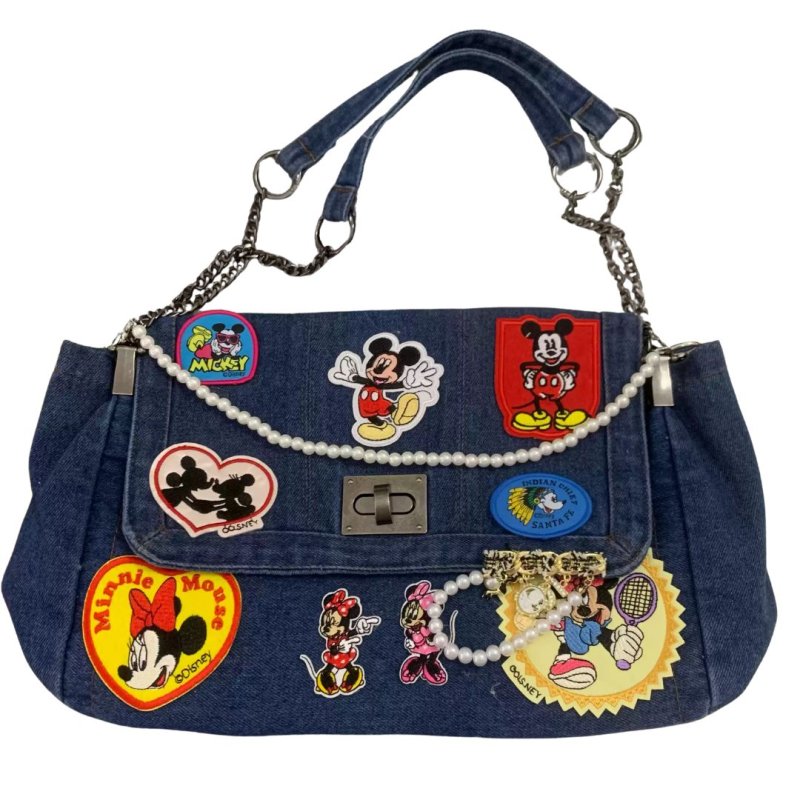画像4: Unisex Mickey x DISNEY Mickey Minnie mouse Denim Remake Matelasse Double Chain Tote shoulder bag ミッキー & ミニー マトラッセ リメイク 古着風 デニム ダブルチェーン トートショルダーバッグ (4)