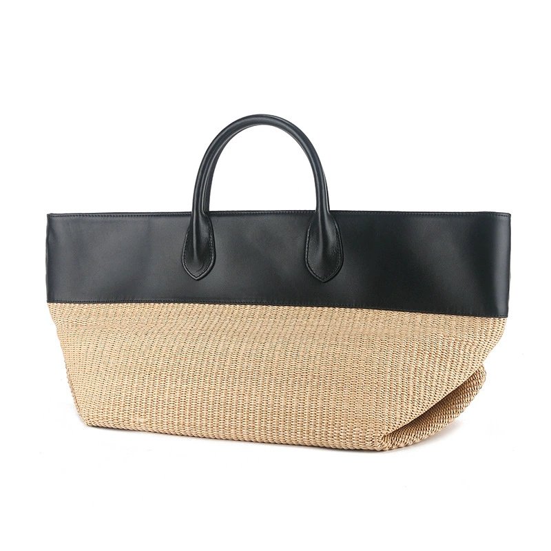 画像1: Raffia straw woven and leather basket tote bag　ユニセックスラフィア ストロー編み＆レザーかご籠トートバッグ (1)