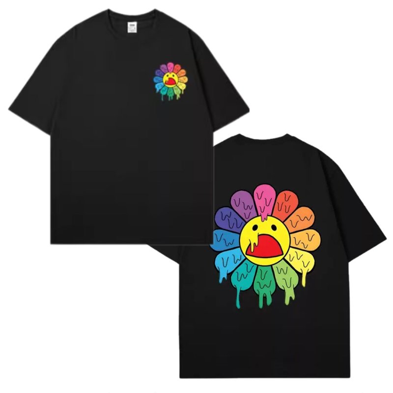 画像1: Melting and dripping Sunflower printed round neck Tshirts  フラワー＆スマイル ひまわり ドロドロ プリント ラウンドネック Tシャツ ユニセックス 男女兼用 (1)