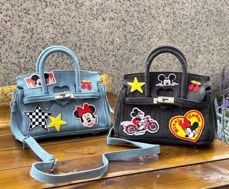 画像8: Unisex Mickey x DISNEY Washed Denim Mickey Birkin Tote Shoulder Crossbody Bag　ウォッシュドデニムミッキー＆ミニーBKトートショルダークロスボディバッグ (8)