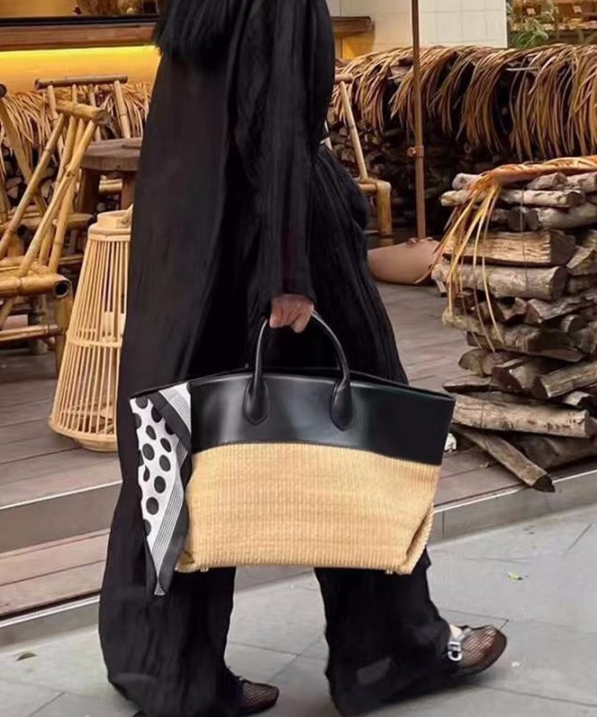 画像5: Raffia straw woven and leather basket tote bag　ユニセックスラフィア ストロー編み＆レザーかご籠トートバッグ (5)