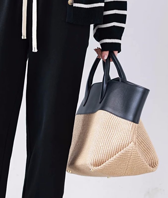 画像4: Raffia straw woven and leather basket tote bag　ユニセックスラフィア ストロー編み＆レザーかご籠トートバッグ (4)