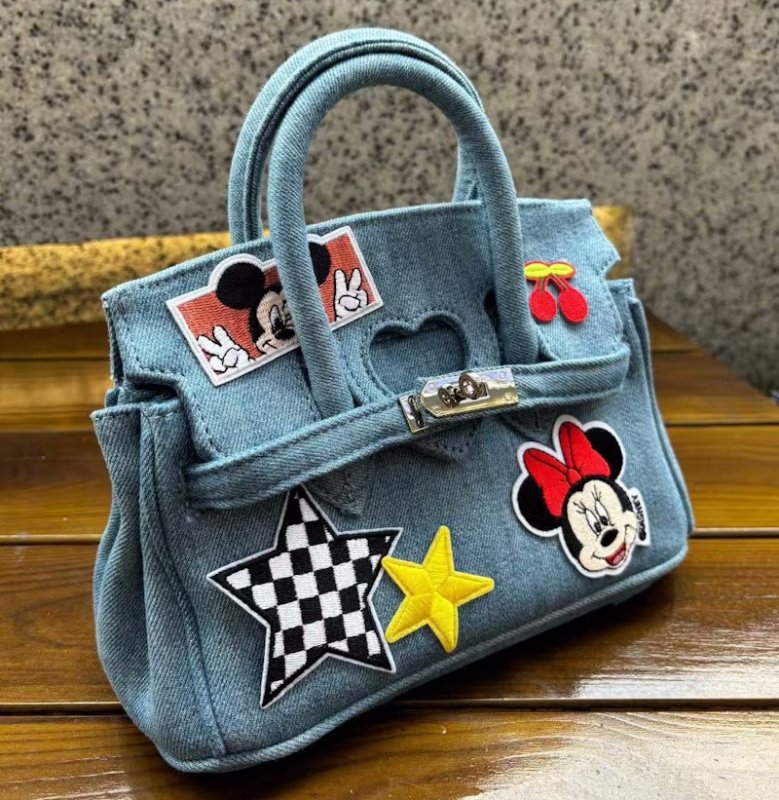 画像9: Unisex Mickey x DISNEY Washed Denim Mickey Birkin Tote Shoulder Crossbody Bag　ウォッシュドデニムミッキー＆ミニーBKトートショルダークロスボディバッグ (9)