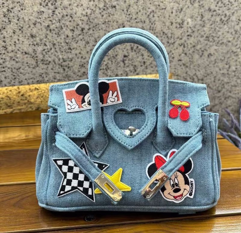 画像7: Unisex Mickey x DISNEY Washed Denim Mickey Birkin Tote Shoulder Crossbody Bag　ウォッシュドデニムミッキー＆ミニーBKトートショルダークロスボディバッグ (7)