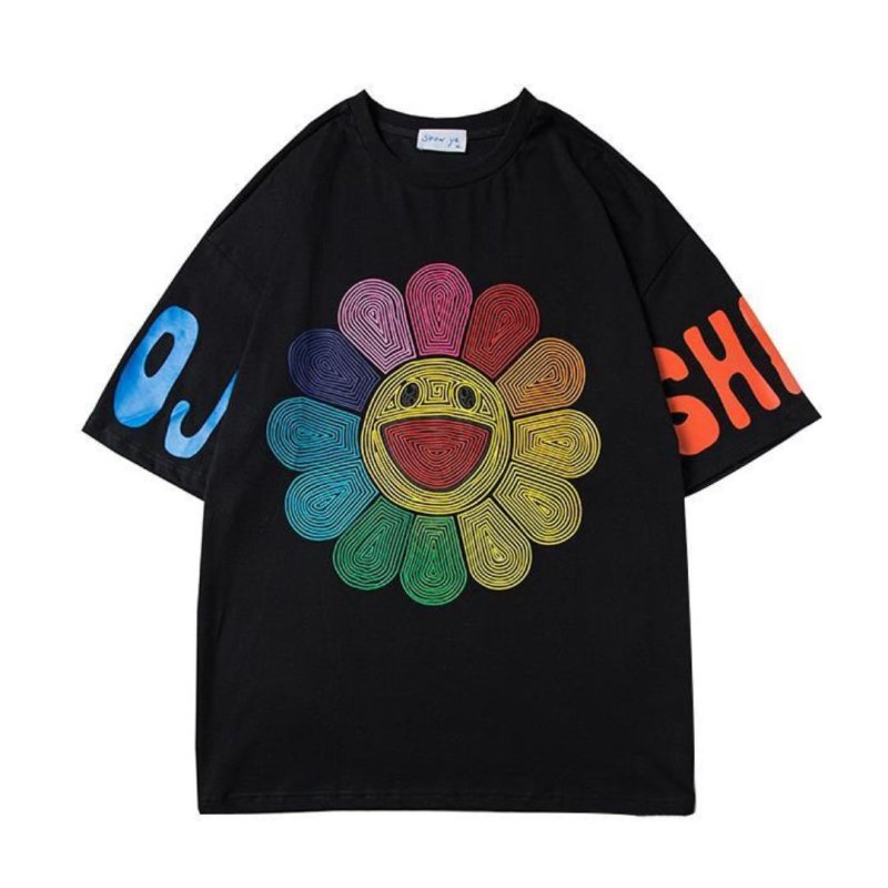 画像1: Sunflower printed round neck Tshirts  フラワー＆スマイル ひまわり プリント ラウンドネック Tシャツ ユニセックス男女兼用 (1)