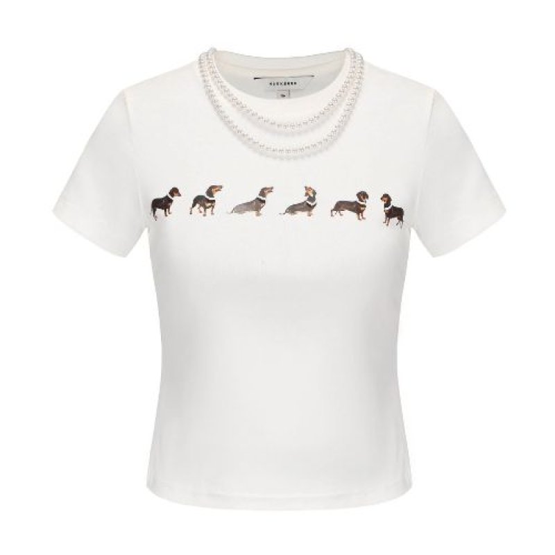 Dachshund Dog Print Jersey T-shirt with Pearl ダックスフンド
