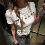 画像3: Dachshund Dog Print Jersey T-shirt with Pearl  ダックスフンド ドッグプリント 真珠付 フェイク パール 付き Tシャツ (3)