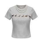 画像1: Dachshund Dog Print Jersey T-shirt with Pearl  ダックスフンド ドッグプリント 真珠付 フェイク パール 付き Tシャツ (1)