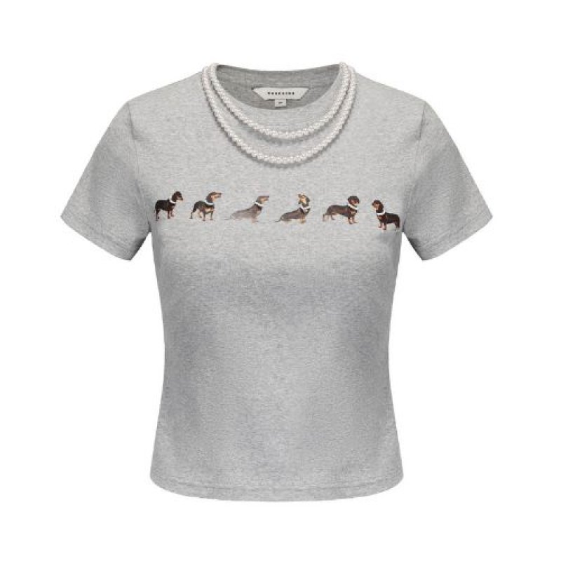 画像1: Dachshund Dog Print Jersey T-shirt with Pearl  ダックスフンド ドッグプリント 真珠付 フェイク パール 付き Tシャツ (1)
