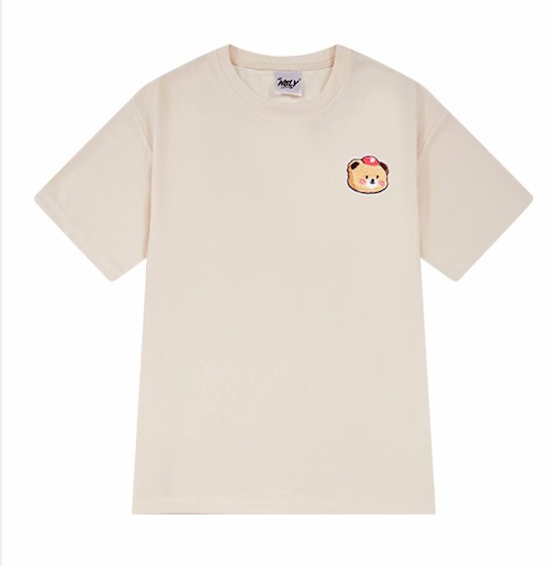 画像1: Waffle Bear One Point Bear Short Sleeve T-Shirt 　ワッフルワンポイントベア刺繍 ラウンドネック Tシャツ ユニセックス 男女兼用 (1)