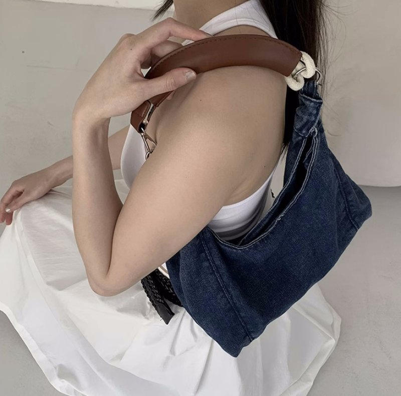 画像8: Leather handle denim tote bag　レザーハンドルデニムトートショルダーバッグ (8)