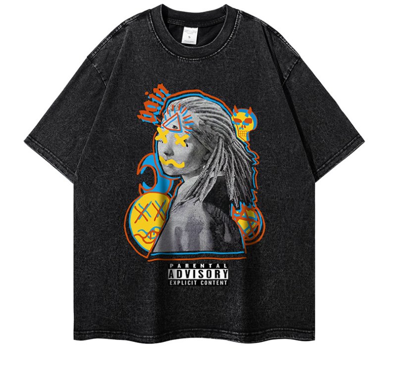 画像1: unisex Hip Hop Girl x Kaws Heavy Damage Wash Short Sleeve T-Shirt　ヒップホップガール×カウズダメージプリントラウンドネック Tシャツ ユニセックス 男女兼用 (1)
