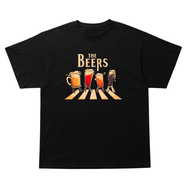 画像1: unisex Beer Mug Abbey Road Print Parody Short Sleeve T-Shirt　ビールジョッキアビーロードプリントパロディープリントラウンドネック Tシャツ ユニセックス 男女兼用 (1)