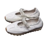 画像1: Women's Leather pearl velcro ballerina style sneakers　 レザーパールベルクロバレリーナシューズスタイルスニーカーシューズ (1)