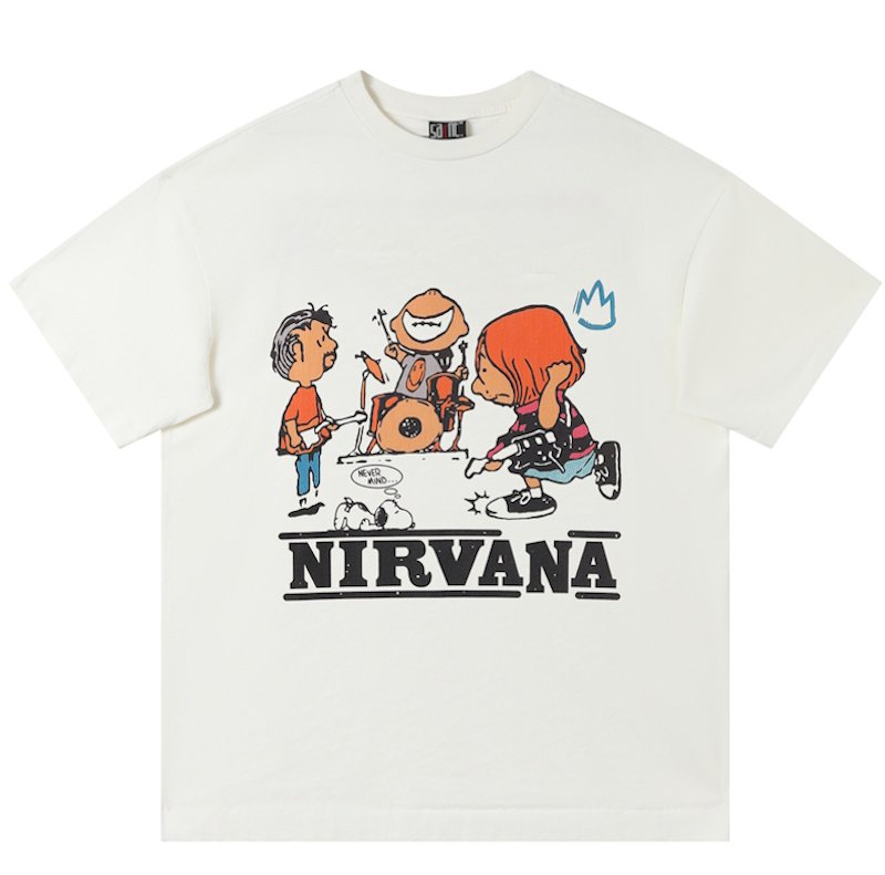 画像1: SALE セール Nirvana x Snoopy Print Round Neck T-Shirt ニルヴァーナ×スヌーピー プリントラウンドネック Tシャツ ユニセックス 男女兼用 古着風 ヴィンテージ風 バンドT (1)