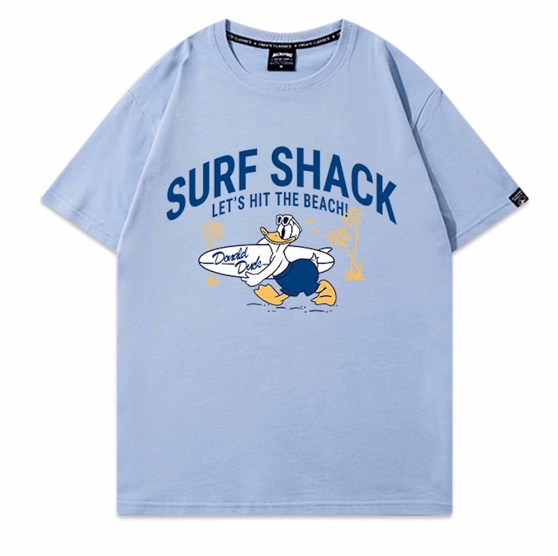 画像1: unisex surfer donald duck Print Short Sleeve T-Shirt　サーファードナルドダックプリントラウンドネック Tシャツ ユニセックス 男女兼用 (1)