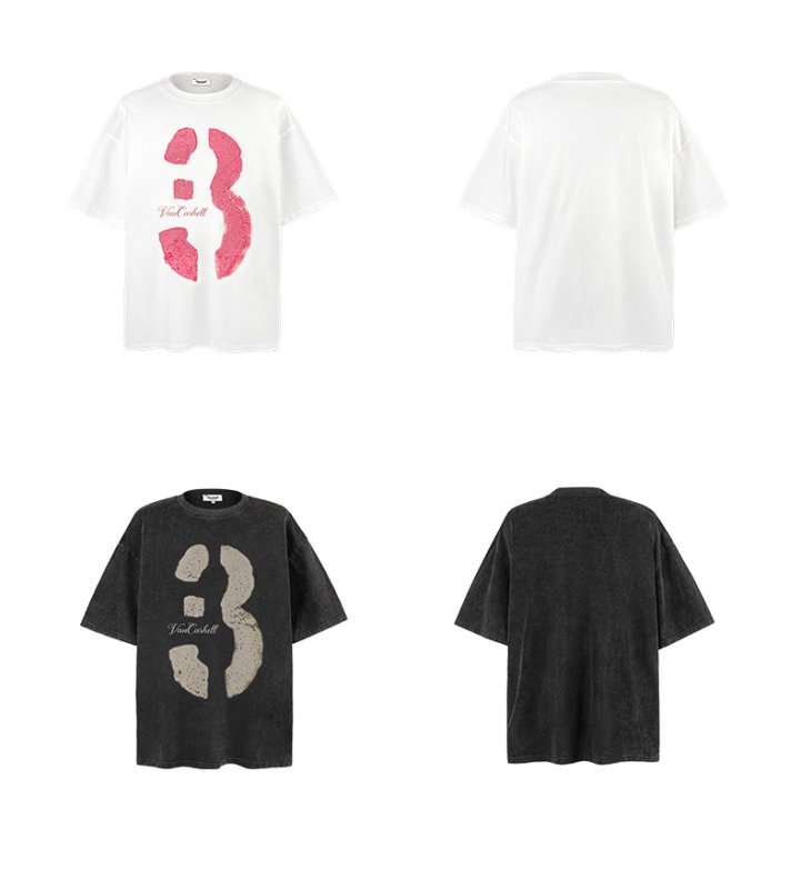 画像4: unisex Transformed Number 3 Vintage Style Washed Short Sleeve T-Shirt  　変形ナンバー３プリントヴィンテージスタイウォッシュド半袖ラウンドネック Tシャツ ユニセックス 男女兼用 (4)