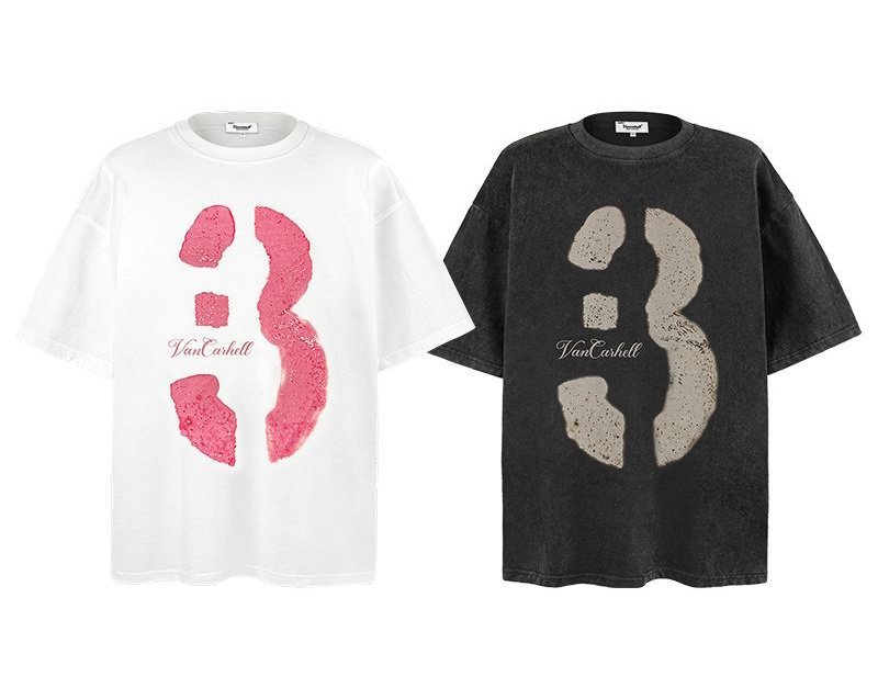 画像3: unisex Transformed Number 3 Vintage Style Washed Short Sleeve T-Shirt  　変形ナンバー３プリントヴィンテージスタイウォッシュド半袖ラウンドネック Tシャツ ユニセックス 男女兼用 (3)