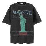 画像1: unisex Statue of Liberty print vintage style washed short sleeve T-shirt　自由の女神プリントヴィンテージスタイウォッシュド半袖ラウンドネック Tシャツ ユニセックス 男女兼用 (1)