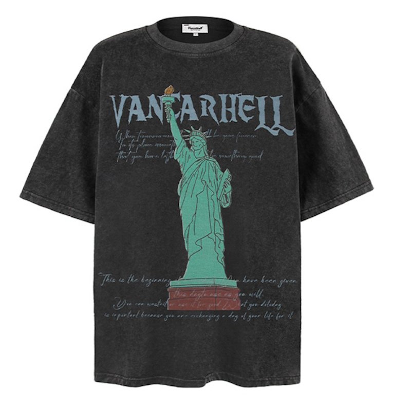画像1: unisex Statue of Liberty print vintage style washed short sleeve T-shirt　自由の女神プリントヴィンテージスタイウォッシュド半袖ラウンドネック Tシャツ ユニセックス 男女兼用 (1)