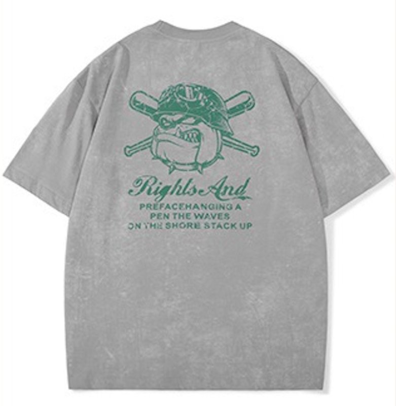 画像1: unisex Baseball Bulldog Print Wash T-shirt Short Sleeve T-Shirt  　ベイスボールブルドッグプリントヴィンテージスタイウォッシュド半袖ラウンドネック Tシャツ ユニセックス 男女兼用 (1)