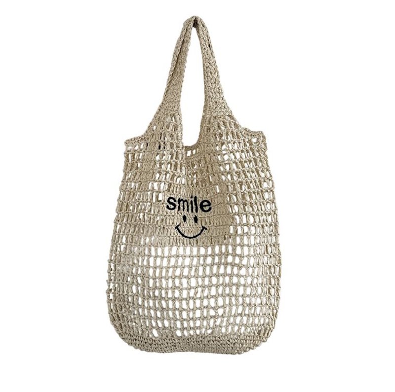 画像1: Smiley Face Straw Tote Shoulder Underarm Bag　スマイルファイスストロー網トートショルダーアンダーアームかごバッグ (1)