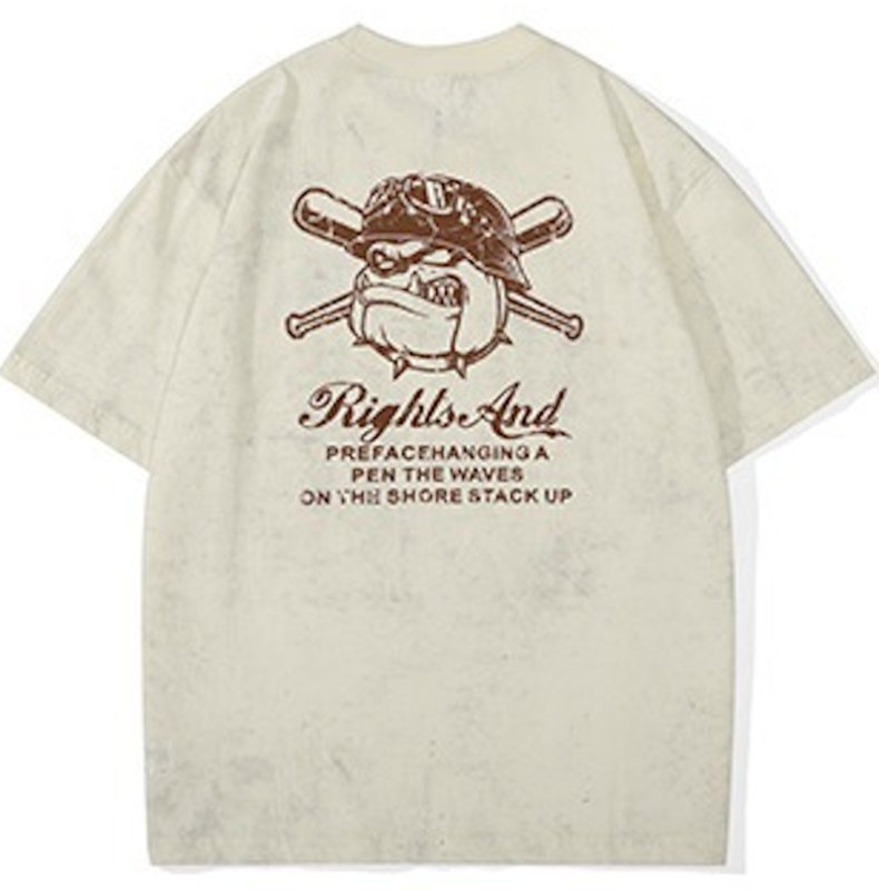 画像2: unisex Baseball Bulldog Print Wash T-shirt Short Sleeve T-Shirt  　ベイスボールブルドッグプリントヴィンテージスタイウォッシュド半袖ラウンドネック Tシャツ ユニセックス 男女兼用 (2)