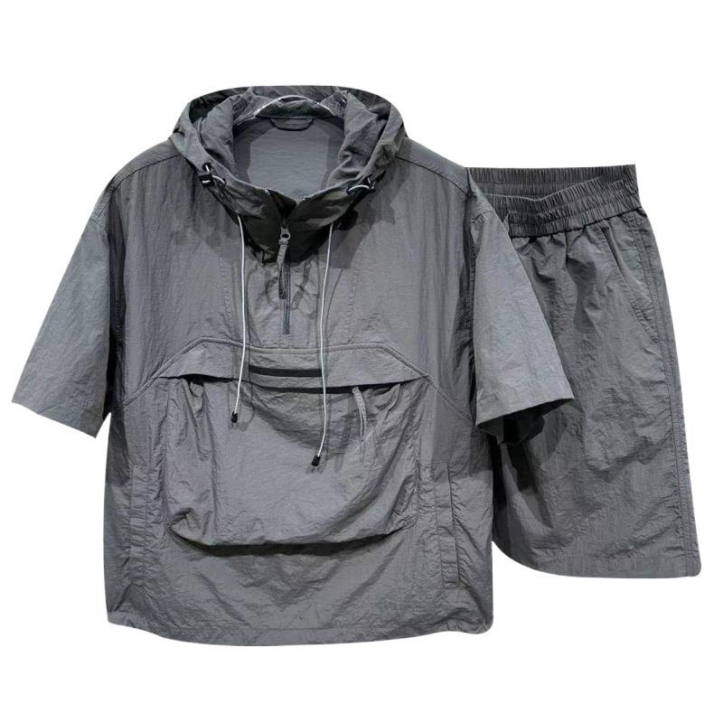 画像1: Quick-drying short-sleeve hoodie and short pants set jacket and Pants Set  半袖フーディ＆ショートパンツセットアップスーツセットアップ (1)