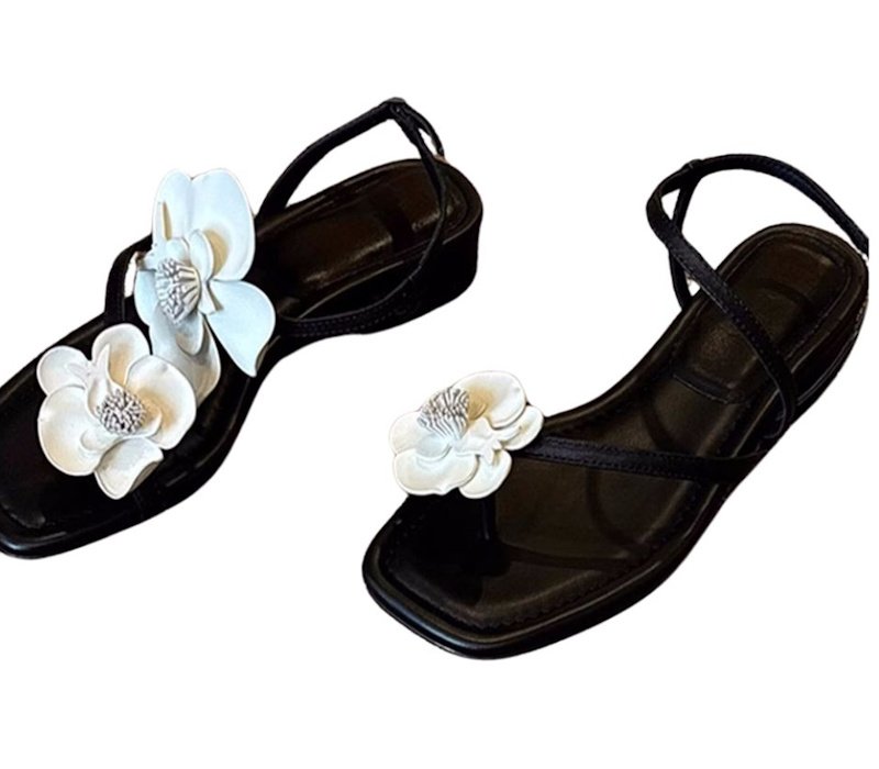画像6: Asymmetrical Floral Open Toe Flat Leather Sandals　アンシンメトリーカメリア付きオープントゥフラットレザーサンダルスリッパ (6)