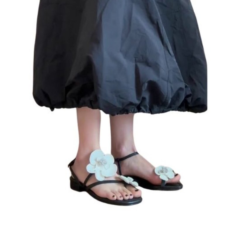 画像4: Asymmetrical Floral Open Toe Flat Leather Sandals　アンシンメトリーカメリア付きオープントゥフラットレザーサンダルスリッパ (4)