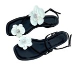 画像1: Asymmetrical Floral Open Toe Flat Leather Sandals　アンシンメトリーカメリア付きオープントゥフラットレザーサンダルスリッパ (1)