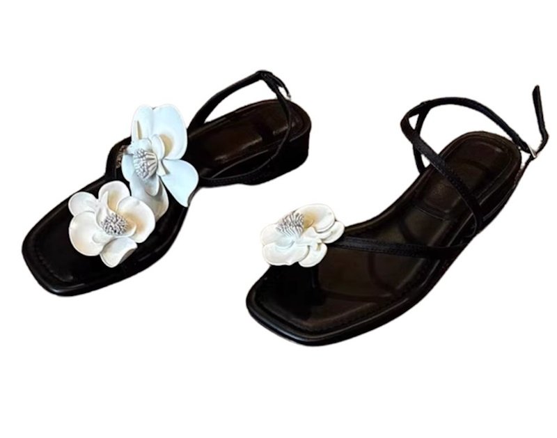 画像3: Asymmetrical Floral Open Toe Flat Leather Sandals　アンシンメトリーカメリア付きオープントゥフラットレザーサンダルスリッパ (3)