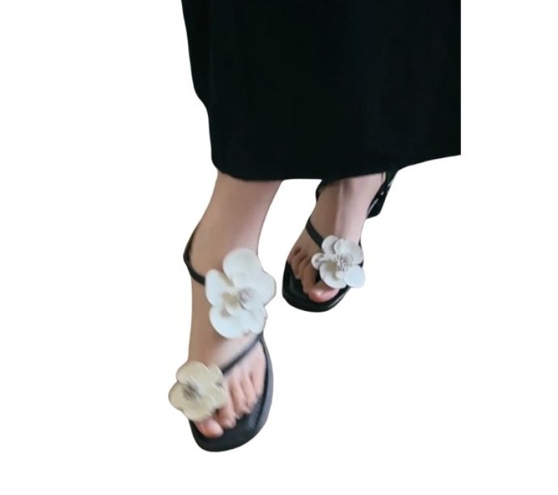 画像5: Asymmetrical Floral Open Toe Flat Leather Sandals　アンシンメトリーカメリア付きオープントゥフラットレザーサンダルスリッパ (5)