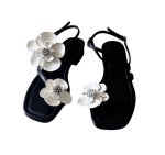 画像2: Asymmetrical Floral Open Toe Flat Leather Sandals　アンシンメトリーカメリア付きオープントゥフラットレザーサンダルスリッパ (2)