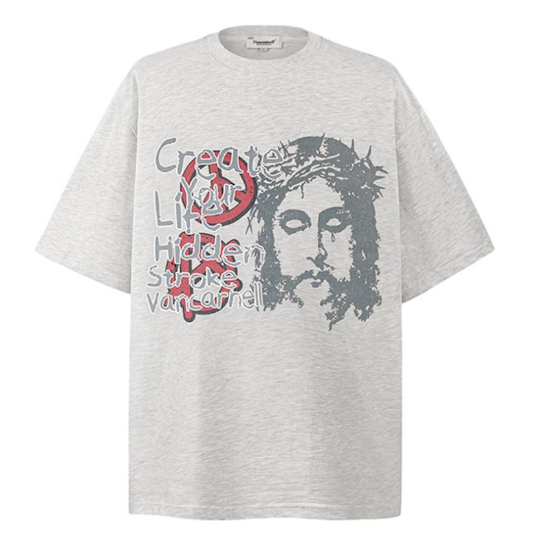 画像2: unisex Jesus Portrait Print Short Sleeve T-Shirt  　　ジーザスポートレートフォトプリント 半袖ラウンドネック Tシャツ ユニセックス 男女兼用 (2)