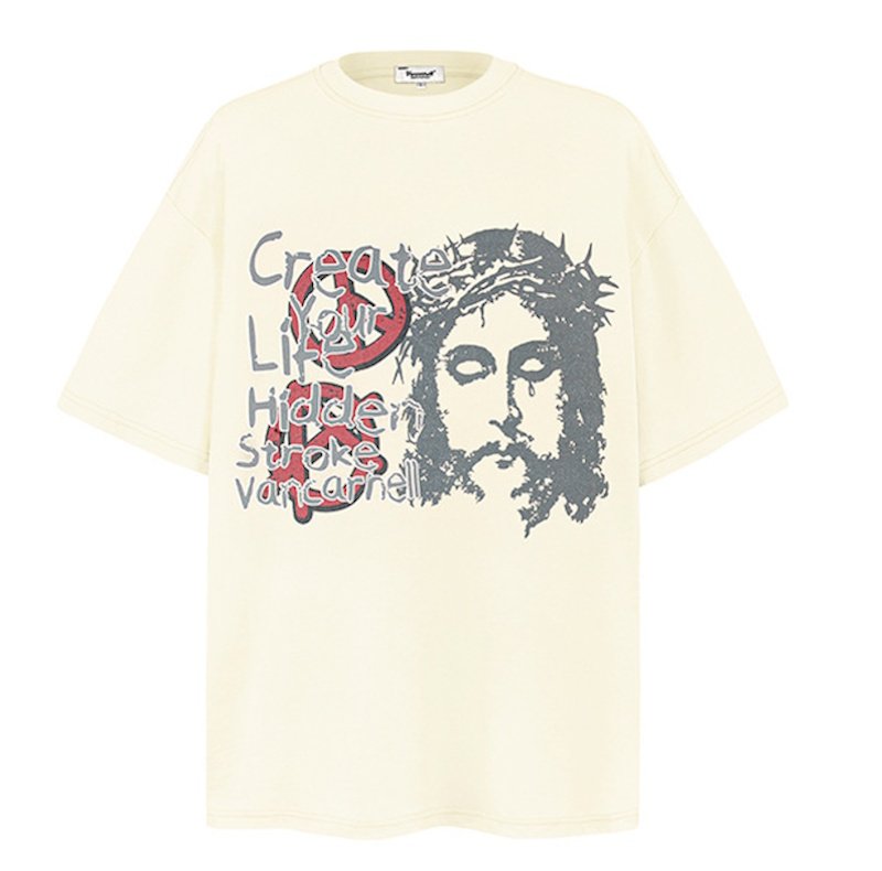 画像1: unisex Jesus Portrait Print Short Sleeve T-Shirt  　　ジーザスポートレートフォトプリント 半袖ラウンドネック Tシャツ ユニセックス 男女兼用 (1)