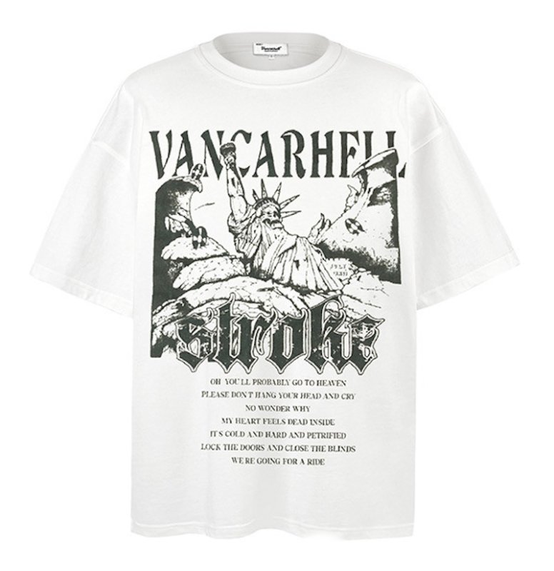 画像1: unisex Skull Statue of Liberty Print Short Sleeve T-Shirt  　　スカル自由の女神プリント 半袖ラウンドネック Tシャツ ユニセックス 男女兼用 (1)