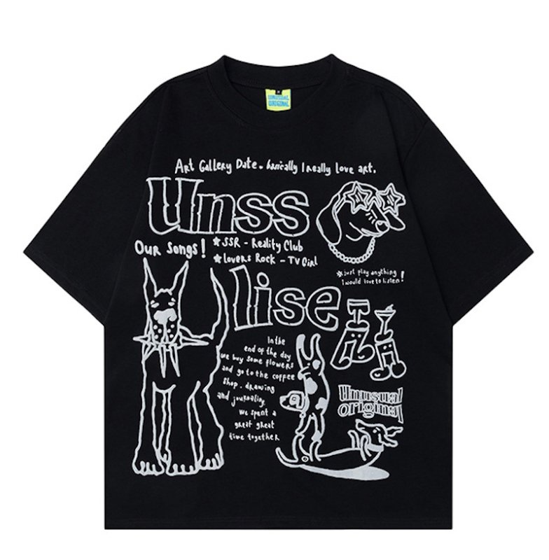 画像2: unisex Hip Hop Graffiti Puppy Print Short Sleeve T-Shirt  　ヒップホップグラフィティパピー子犬　プリント 半袖ラウンドネック Tシャツ ユニセックス 男女兼用 (2)
