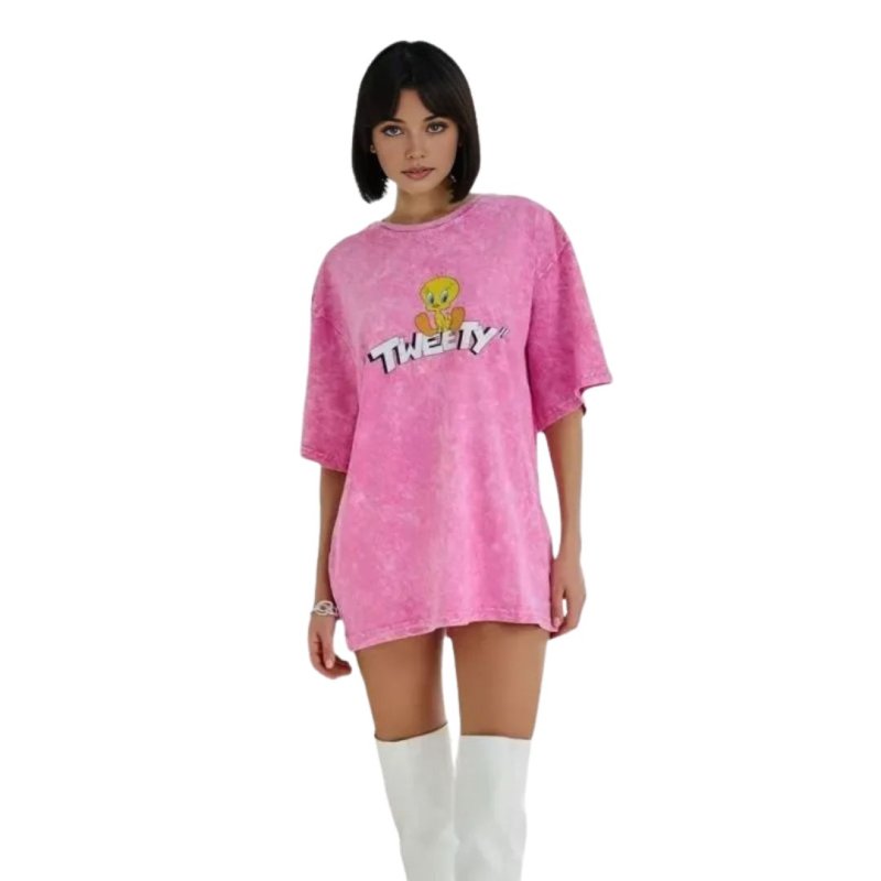 画像1: Oversized vintage tweety print round neck short sleeve T-shirt Pink Y2K ユニセックス男女兼用 ヴィンテージ風 トゥイーティープリント オーバーサイズラウンドネック半袖 Tシャツ (1)