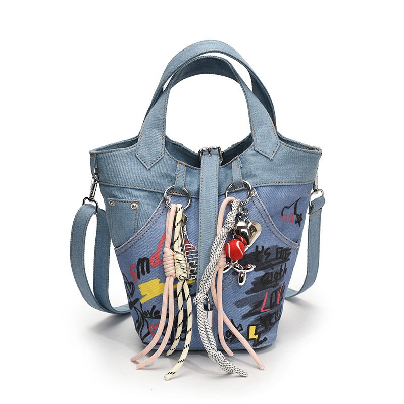 画像1: Graffiti denim bucket tote shoulder bag shoulder tote bag 　グラフィティデニムバケットショルダートートバッグ (1)