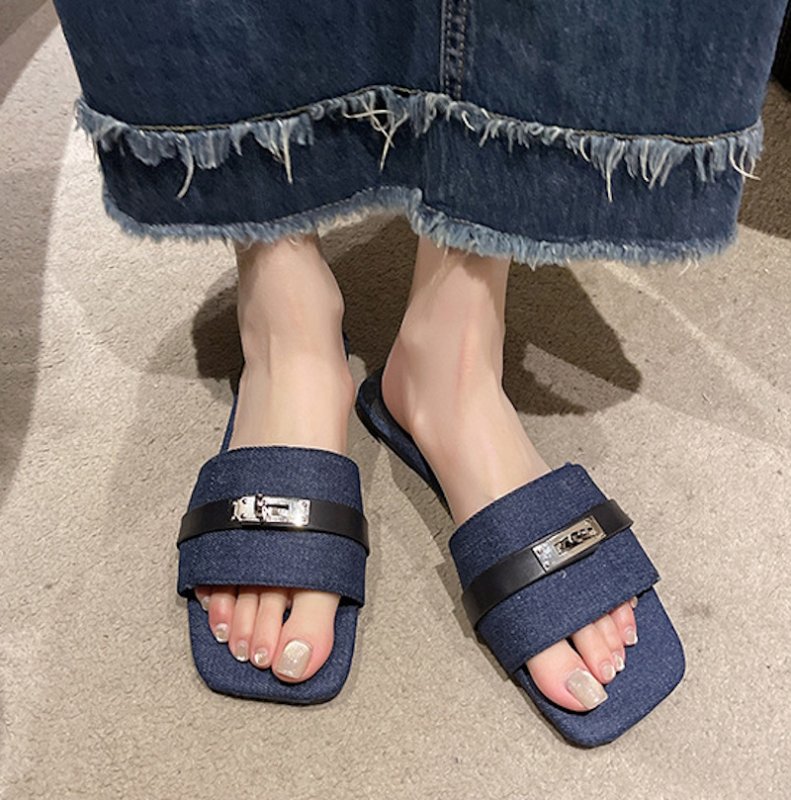 画像4: Denim flat sandals with metal fittings slippers デニムフラットメタル付きサンダルスリッパ (4)