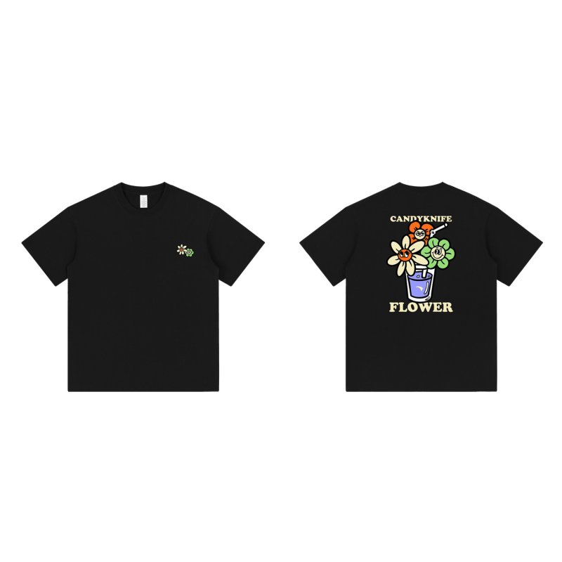 画像2: unisex Smile Flower Print Short Sleeve T-Shirt  　スマイルフラワープリント半袖ラウンドネック Tシャツ ユニセックス 男女兼用 (2)