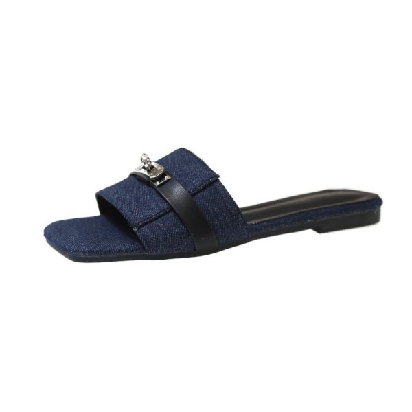 画像1: Denim flat sandals with metal fittings slippers　デニムフラットメタル付きサンダルスリッパ (1)