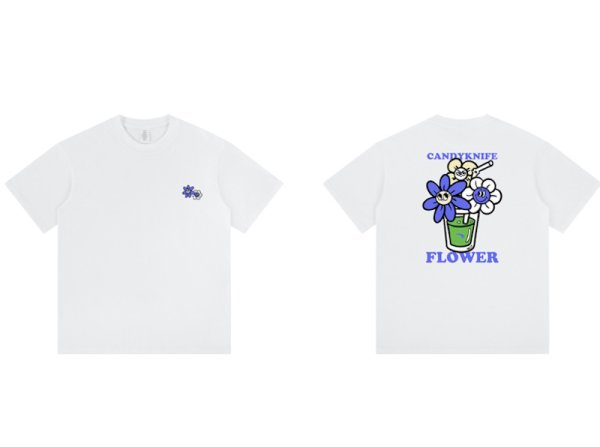 画像1: unisex Smile Flower Print Short Sleeve T-Shirt  　スマイルフラワープリント半袖ラウンドネック Tシャツ ユニセックス 男女兼用 (1)