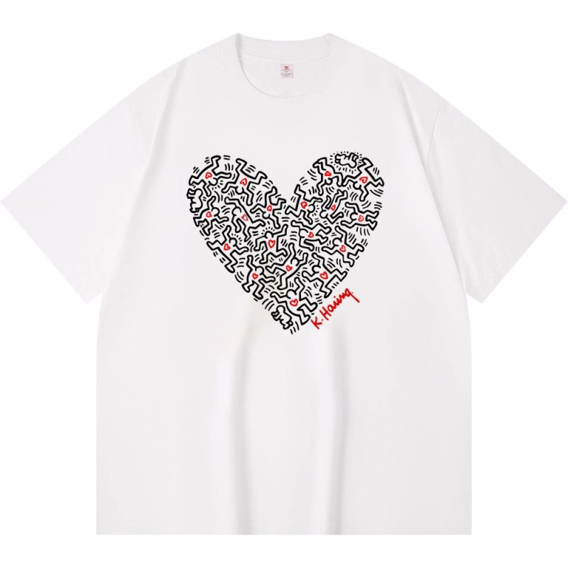 画像1: unisex Keith Haring Hart Print Short Sleeve T-Shirt  　Keith Haringキース・ヘリングハートプリント半袖ラウンドネック Tシャツ ユニセックス 男女兼用 (1)
